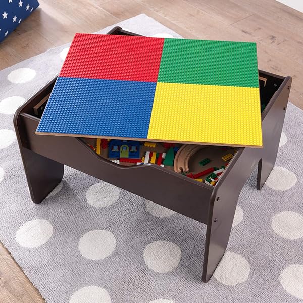 KIDKRAFT 2-IN-1 REVERSIBLE TOP ACTIVITY TABLE WITH 200 BUILDING BRICKS AND 30-PIECE WOODEN TRAIN SET, ESPRESSO, GIFT FOR AGES 3+
