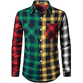 KEPUTAY Men Women Color Block Plaid Shirt Patchwork Plaid Shirts Button Down Long Sleeve Casual Shirts