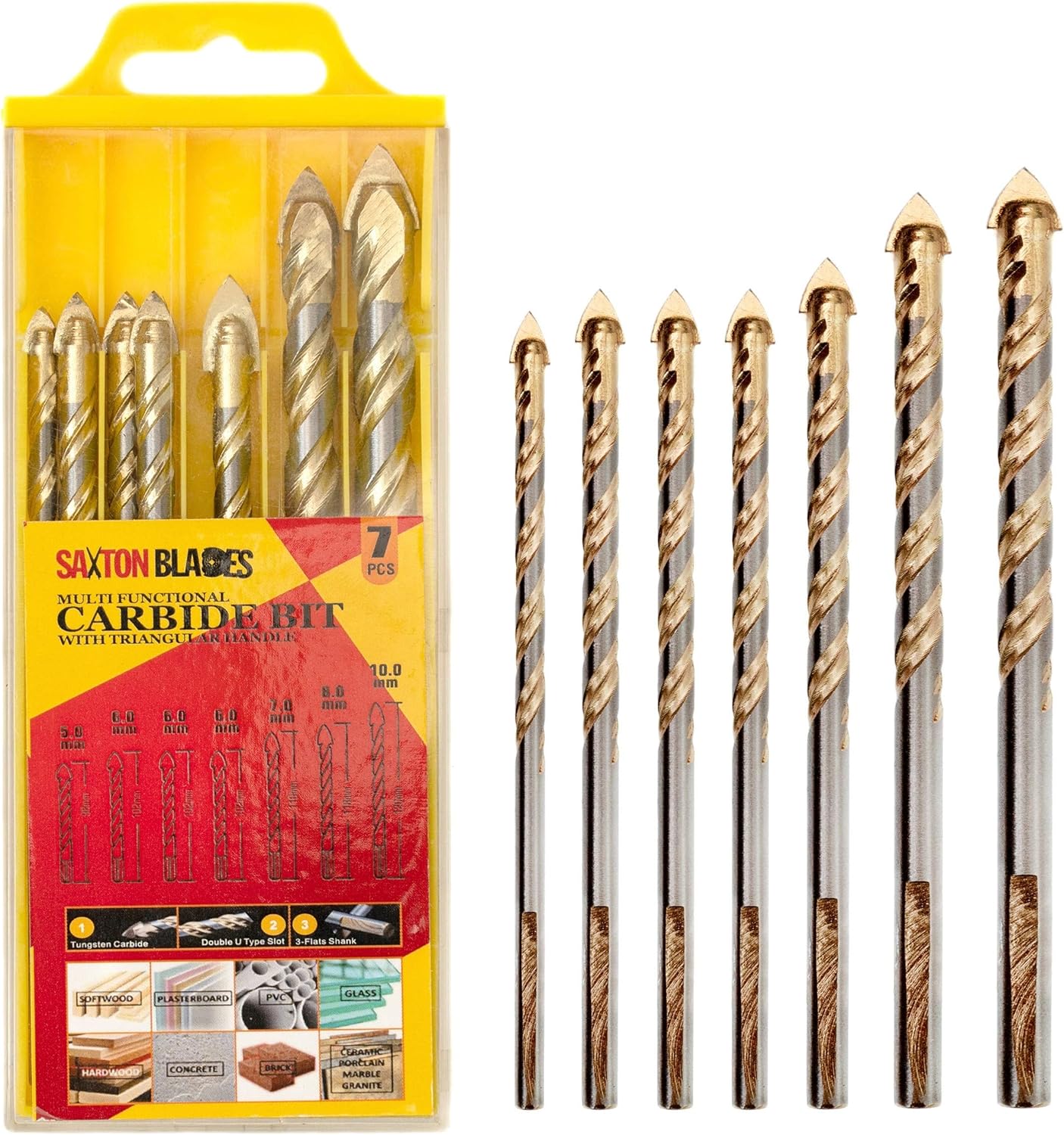 P7DBS Saxton 7pc Multi-Material Tile Drill Bits Set (5 6 6 6 7 8 10) for Ceramic Porcelain Granite Marble Masonry Glass etc in Plastic Storage Container