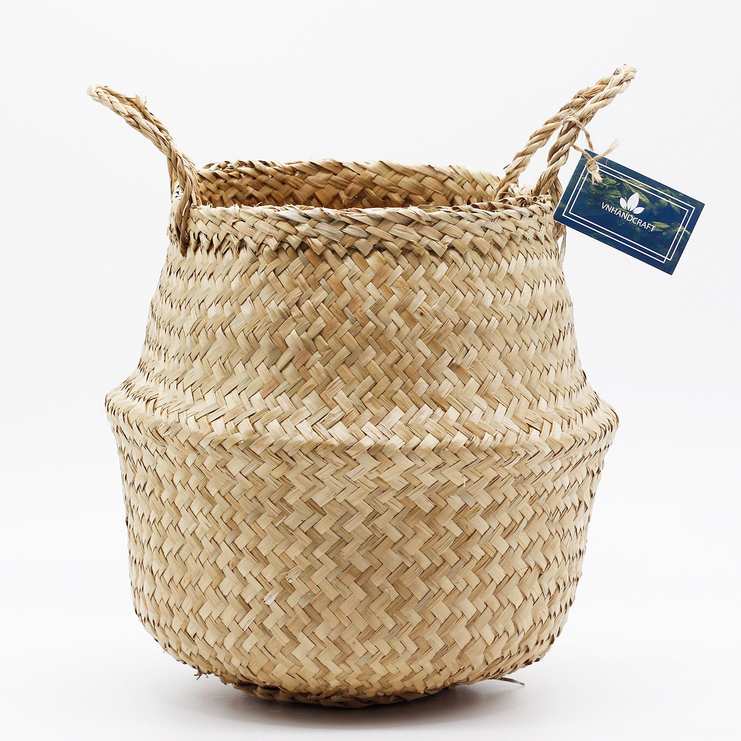 VNSea Natural Seagrass Belly Basket for Storage, Laundry, Picnic, Plant Pot Cover, and Woven Beach Bag (Medium)