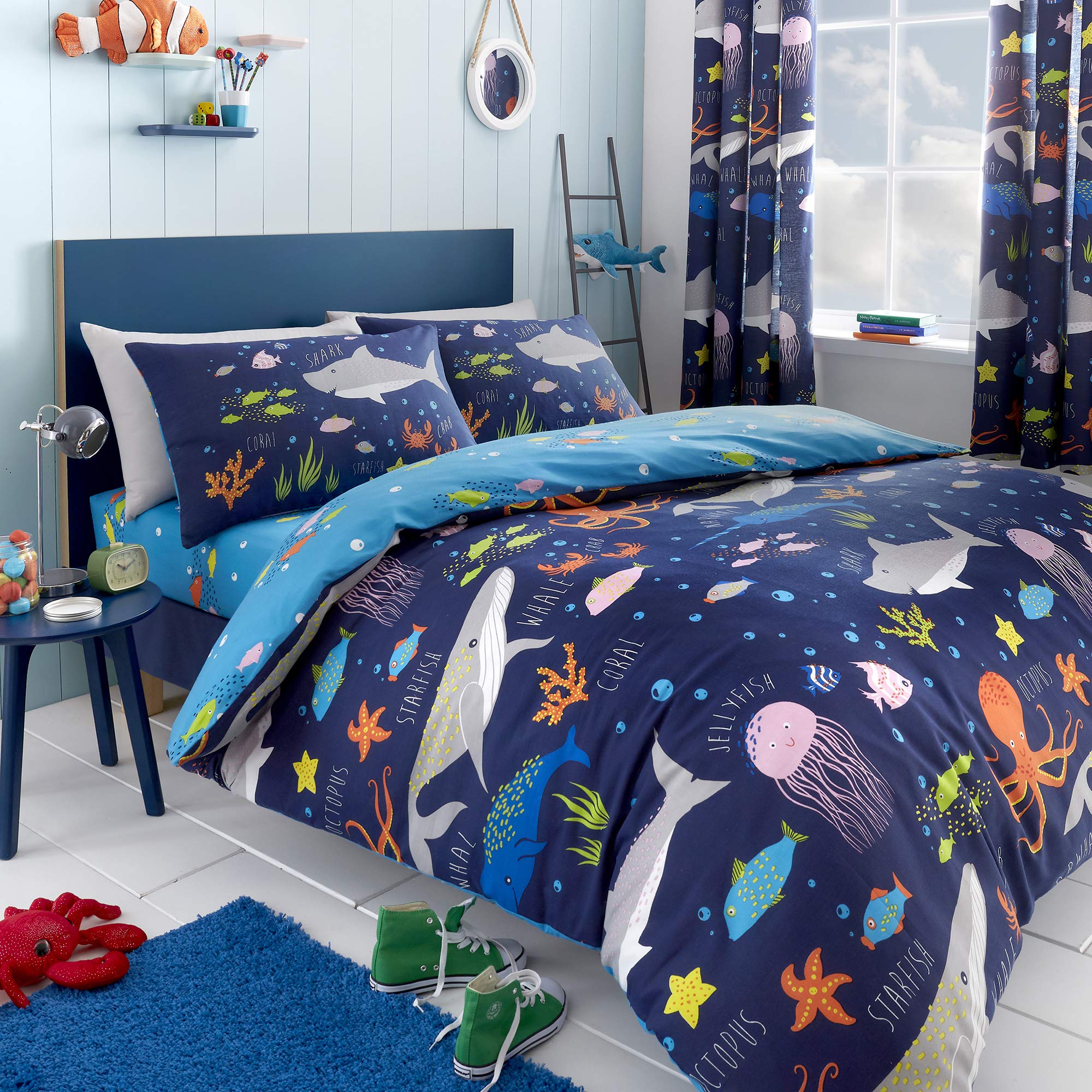 Bedlam - Glow in the Dark Sea Animals Duvet Cover - Double Bedding Size (200 x 200cm) - Reversible (2 Designs) - Shark, Fish & Whale Bedding for Kids - Ocean Themed Duvet Cover in Double