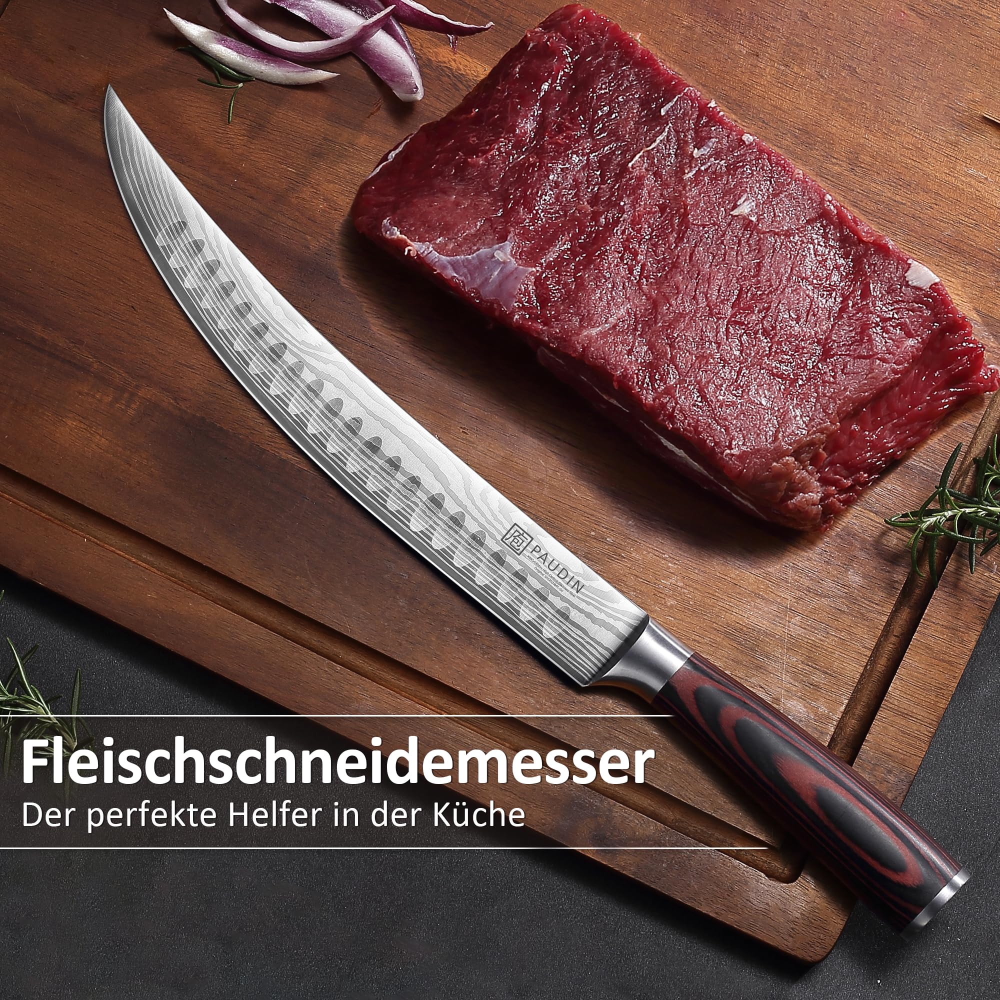 PAUDIN Fleischmesser extrem scharf 25cm Metzgermesser profi Messer Küchenmesser als Schlachtermesser Schinkenmesser Tranchiermesser aus hochwertigem Edelstahl mit ergonomischem Holzgriff 6