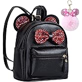 Sunwel Fashion Cutest Toddler Bag Sequin Bow Mouse Ears Mini Backpack for Teen Little Girls with Pom Pom Keychain (black/red bow)
