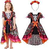 WEFONLLICOS 2PCS Day of The Dead Costume Kids Girls Mexican Dress with Flower Headpiece Halloween Sugar Skull Outfit