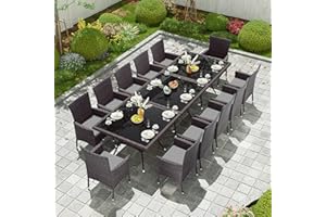 Kullavik 15-Piece Outdoor Dining Set Patio Rattan Furniture Set,Patio Dining Table and Chairs Set with 12 Chairs and Cushions,Square Glass Tabletop with Umbrella Hole for Patio,Backyard,Garden,Grey