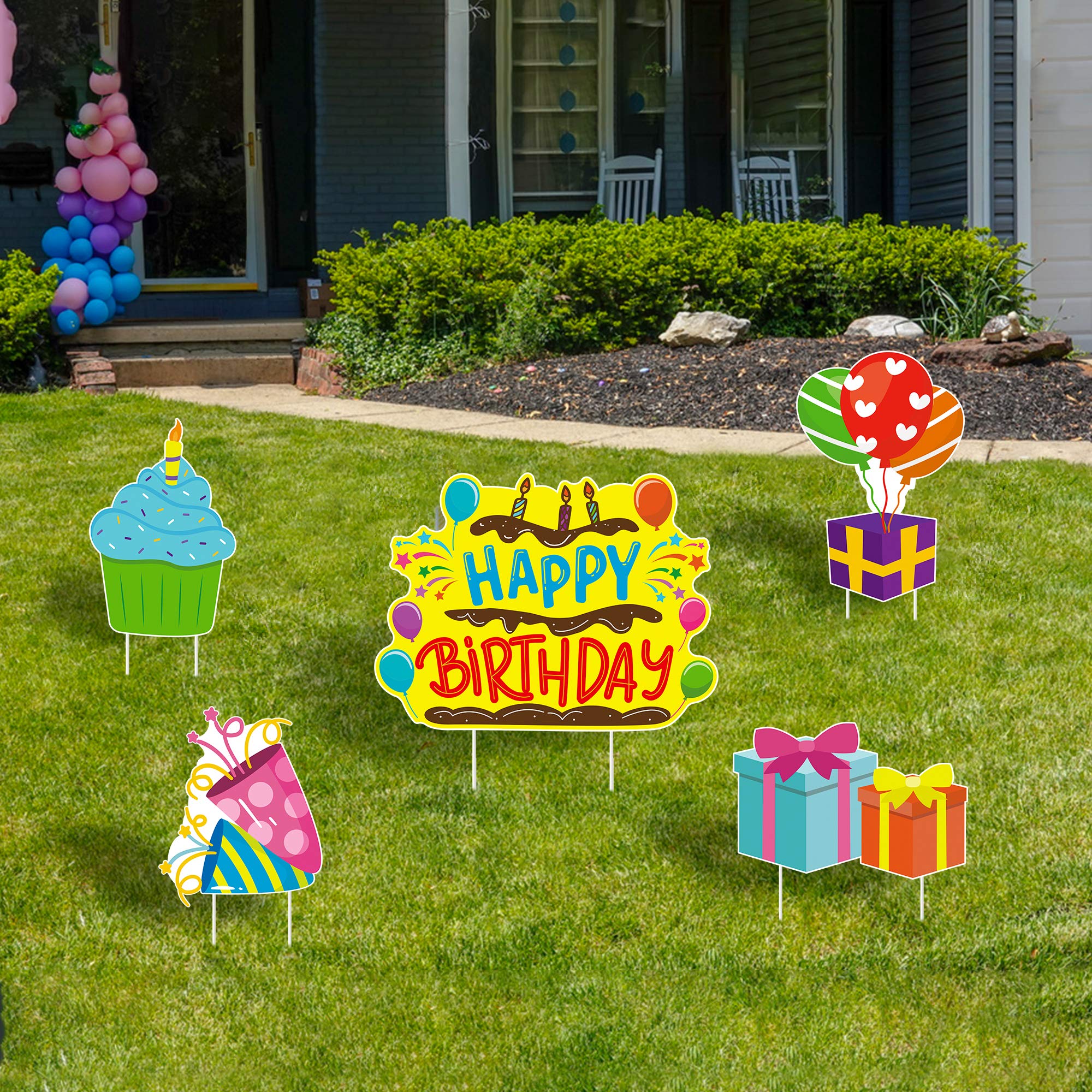 WATINC Set of 5 Happy Birthday Yard Signs with Plastic Stakes Birthday Cake Cupcake Balloon Gift Box Waterproof Lawn Sign Large Single Sided Outdoor for Colorful Birthday Party Decorations