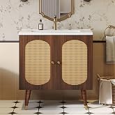 DWVO 36 Inch Rattan Vanity with Sink | Freestanding Bathroom Vanity Cabinet, Boho Style with 2 Large Soft‑Closing Doors &amp; Four‑Sided Water Barrier Strip, Walnut