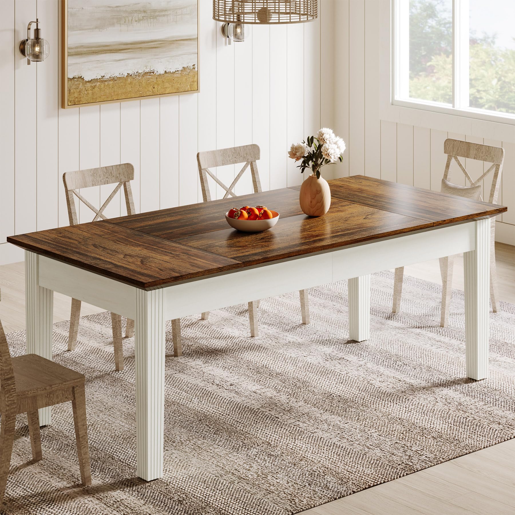 Photo 1 of ******** PARTIAL SET ****** Tribesigns Dining Table for 4-6 People, 62-Inch Rectangular Kitchen Table with Solid Wood Legs, Modern Farmhouse Dinner Table for Dining Room, Kitchen, Living Room, Rustic Brown & Cream White
