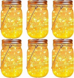 Solar Mason Jar Lights,6 Pack 30 Led Fairy Hanging Jar Lights,Solar Lanterns for Outdoor Patio Party Garden Wedding Decor Lights(Mason Jars/Handles Included)