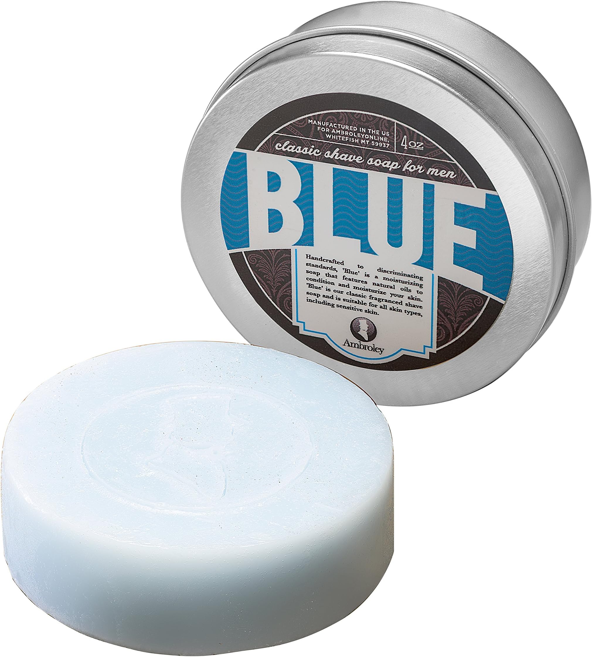 CLASSIC SHAVE SOAP IN A TIN - 4 Oz of the Best Shave Soap Available! Hand Crafted in America to Discriminating Standards, 'Blue' Is an All Natural Moisturizing Shave Soap That Features Natural Oils to Condition and Moisturize Your Skin. Kaolin Clay Is Added to Provide Razor Glide and Protection From Razor Irritation. 'Blue' Is Our Classic Fragranced Shaving Soap and Is Suitable for All Skin Types, Including Sensitive Skin