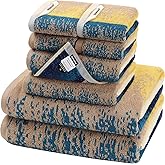 SEMAXE Colorful Bath Towel Set, 100% Cotton Bathroom Towels with Hanging Loops, Soft & Absorbent, 8 Piece Towel Set Include 2 Bath Towels, 2 Hand Towels, 4 Washcloths, Yellow | Brown | Blue