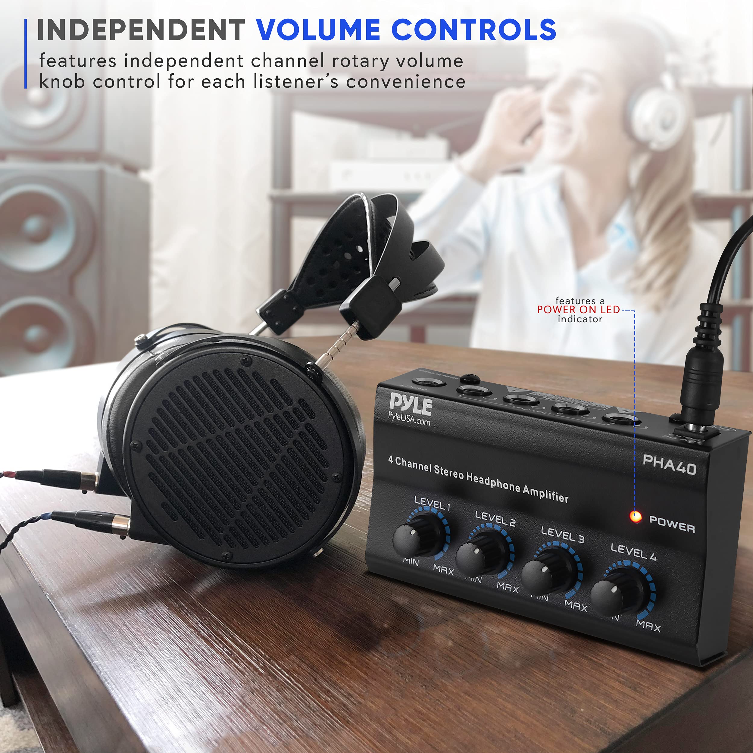 Pyle 4-Channel Portable Stereo Headphone Amplifier - Mini Earphone Splitter Amp with 4 ¼” TRS Output Jacks - Independent Volume Controls - High-Quality Audio for Studio & Stage - PHA40