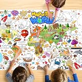 JOYGATHER World Map Coloring Tablecloth, Large 30x72 Inch Coloring Poster with Countries Animals Landmarks, Activity Tableclo