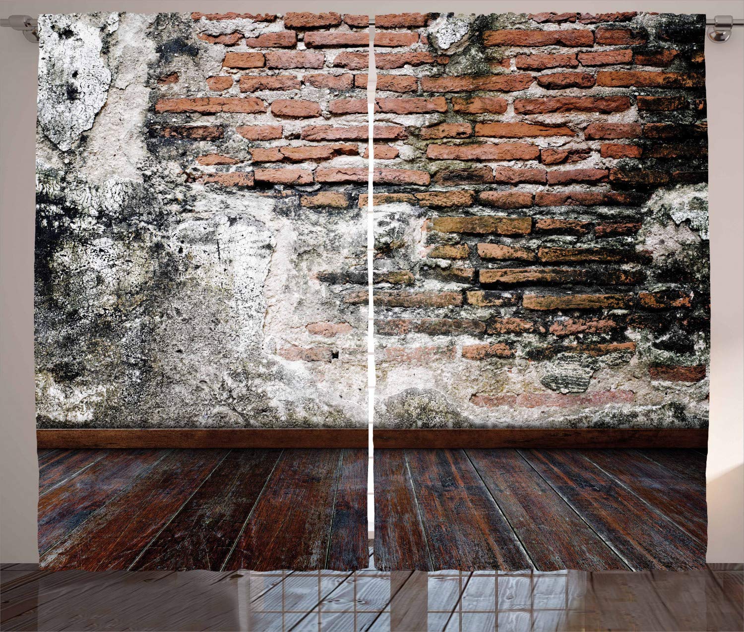 ABAKUHAUS Rustic Curtains, Worn Looking Wall Photograph with Wooden Floors Building Structure, Living Room Bedroom Window Drapes 2 Panel Set, 96 L X 110 W, Cinnamon Black White