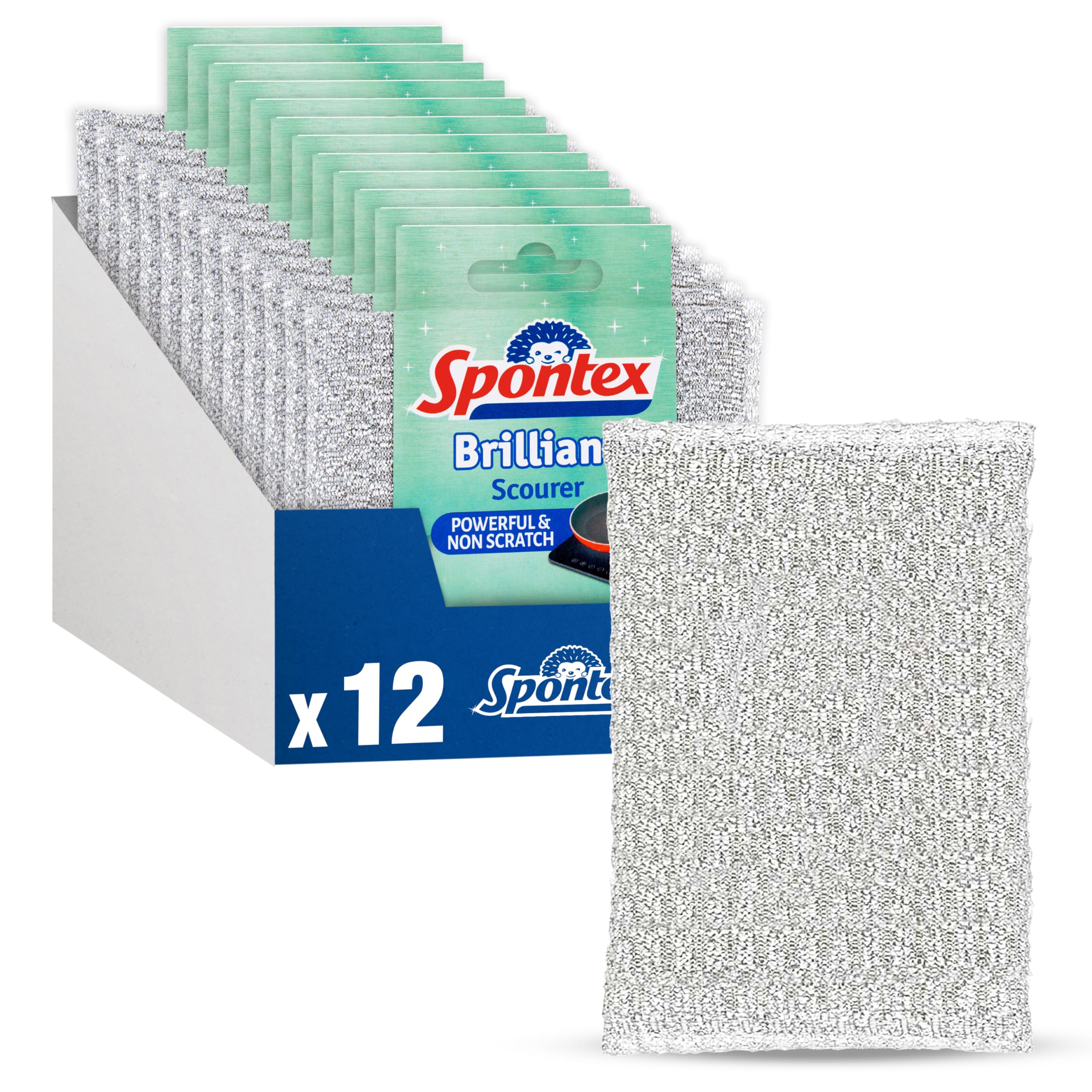 Spontex Brilliant Scourers Value Pack | Powerful, Non Scratch & Recommended by Tefal | 13 x 8.5 cm | 12 Count