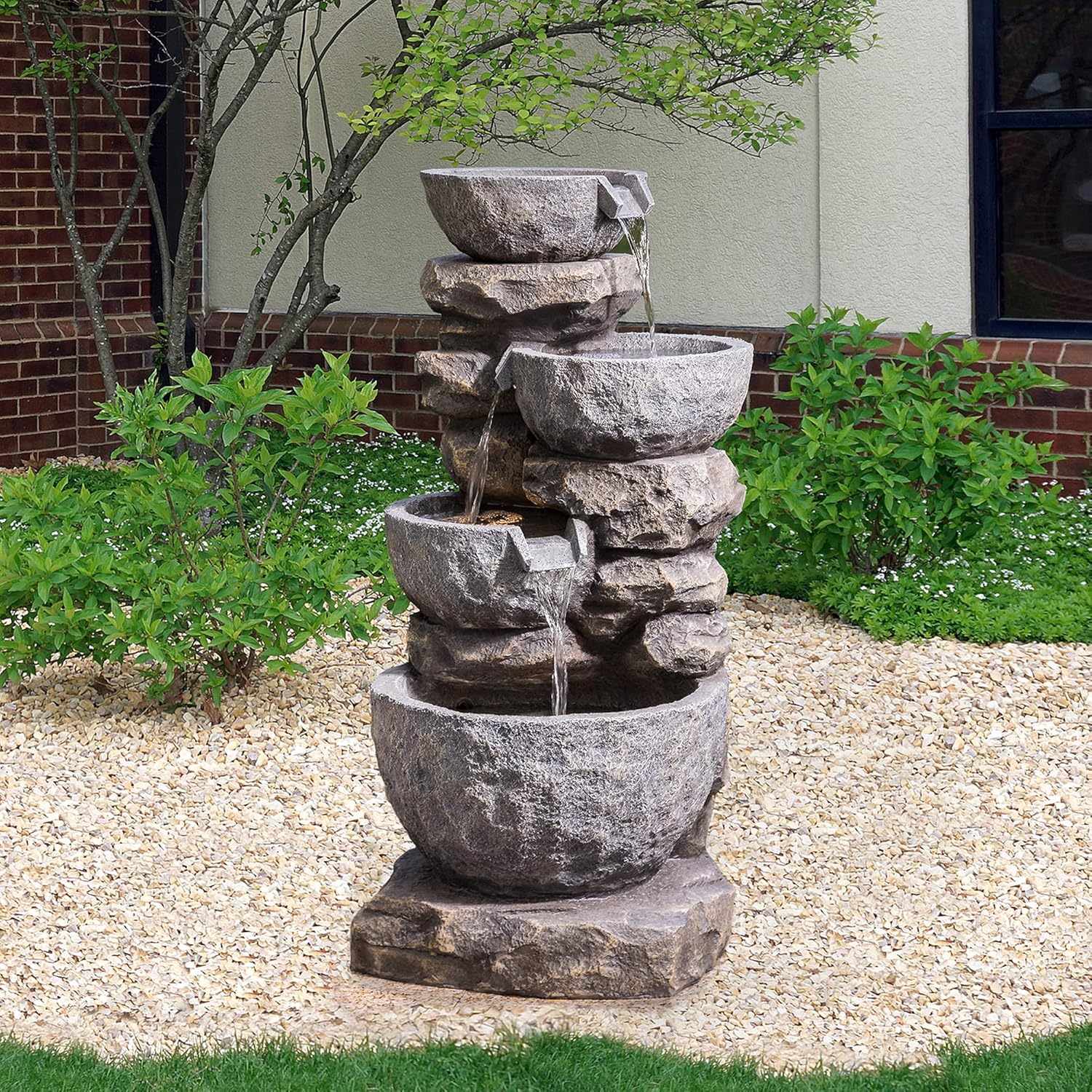 Glitzhome GH11246 Polyresin Stone 4-Tiered Bowls Fountain with LED Lights Outdoor Decorative Water Feature, 32.25" H, Gray : Garden & Outdoor