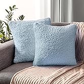 PAVILIA Fluffy Dusty Blue Throw Pillow Covers, Decorative Accent Pillow Cases for Bed Sofa Couch, Soft Faux Fur Cushion Cover, Square Sherpa Pillowcases, Home Room Decor, Blue, 18x18 Set of 2
