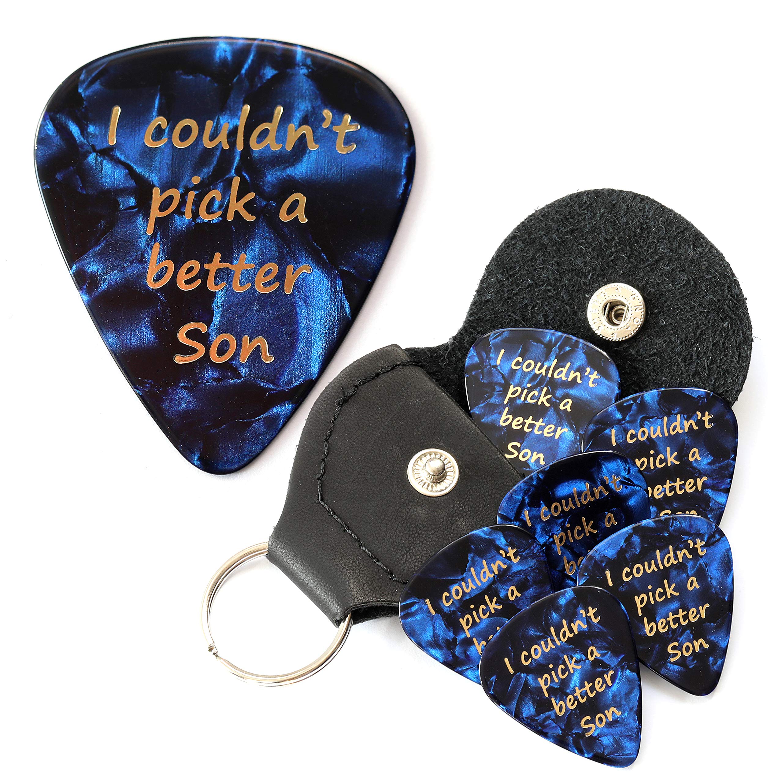 6 x I couldn't pick a better Son Guitar Picks With Leather Plectrum Holder Keyring