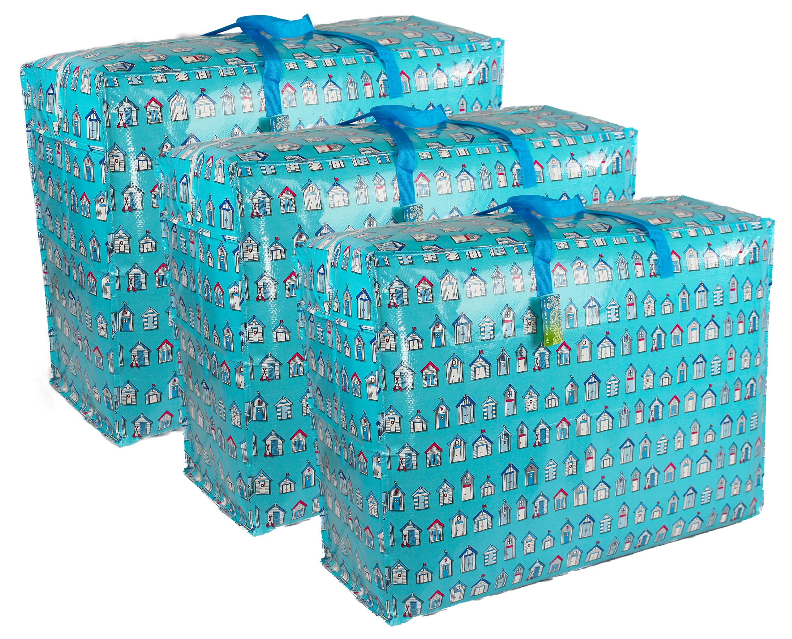 Extra Large Storage Bags Water & Dust Resistant. Double zipped storage bags for toys, laundry, bedding. Underbed Wardrobe Space Saver Blue Beach huts (115 ltr 3x Pack)