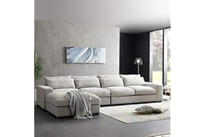 ERYE 152" Large Modular Sectional Sofa W/Down Feather Filled & Reversible Lounge Chaise, L-shaped Corner Couch with Movable Ottoman for Apartment, Home Living Room Hotel Lobby Furniture Sets ,Light Grey