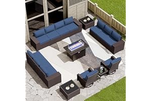 RTDTD 16 Pieces Outdoor Patio Furniture Set Outdoor Furniture Patio Sectional Sofa Conversation Sets w/ETL Approved 45" Gas Outdoor Fire Table & Coffee Table, Swivel Rocking Chair (Navy)
