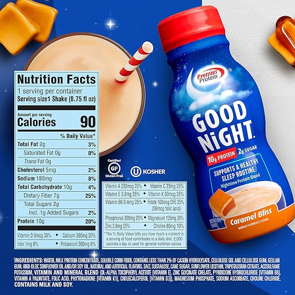 PREMIER PROTEIN GOOD NIGHT PROTEIN SHAKE, CARAMEL BLISS, 10G PROTEIN, 2G SUGAR, 12 VITAMINS & MINERALS, NIGHTTIME PROTEIN BLEND, MAGNESIUM, ZINC, 8.75 FL OZ, 12 PACK