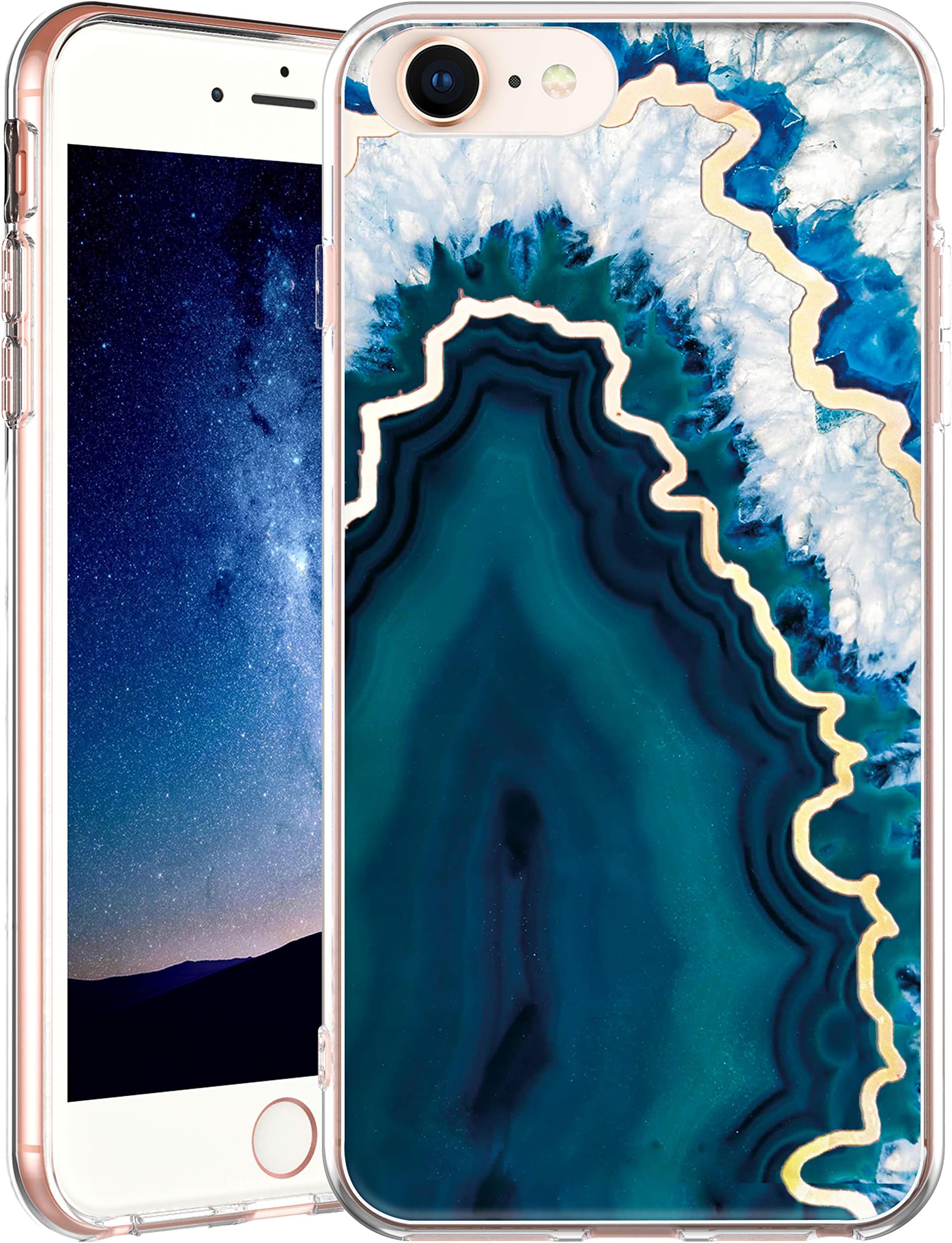 IN4U iPhone SE 2020 / iPhone 8 / iPhone 7 / iPhone 6 / iPhone 6S Case, Hard Back Marble Design 3D Layered Raised Edge Anti-Shock TPU Bumper Cover for iPhone SE 2020/8/7/6/6S Case (Blue Crystal Agate)