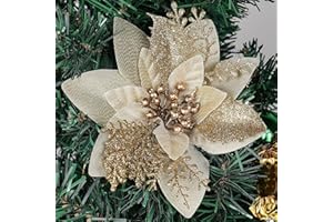 RECUTMS Christmas Tree Ornaments 10Pcs Glitter Poinsettia,Artificial Poinsettia Flowers Xmas Tree Ornaments 6" Wide for Xmas Tree Wreaths Garland Holiday Seasonal Wedding Decorations(Gold)