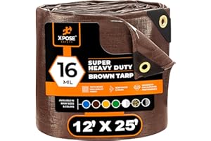 Super Heavy Duty 16 Mil Brown Poly Tarp Cover - Thick Waterproof, UV Resistant, Rip and Tear Proof Tarpaulin with Grommets and Reinforced Edges - by Xpose Safety (12' x 25')