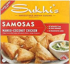 Sukhi's Indian Chicken Coconut Mango Samosa Frozen Appetizer Snack with Cilantro Chutney Dipping Sauce 10oz
