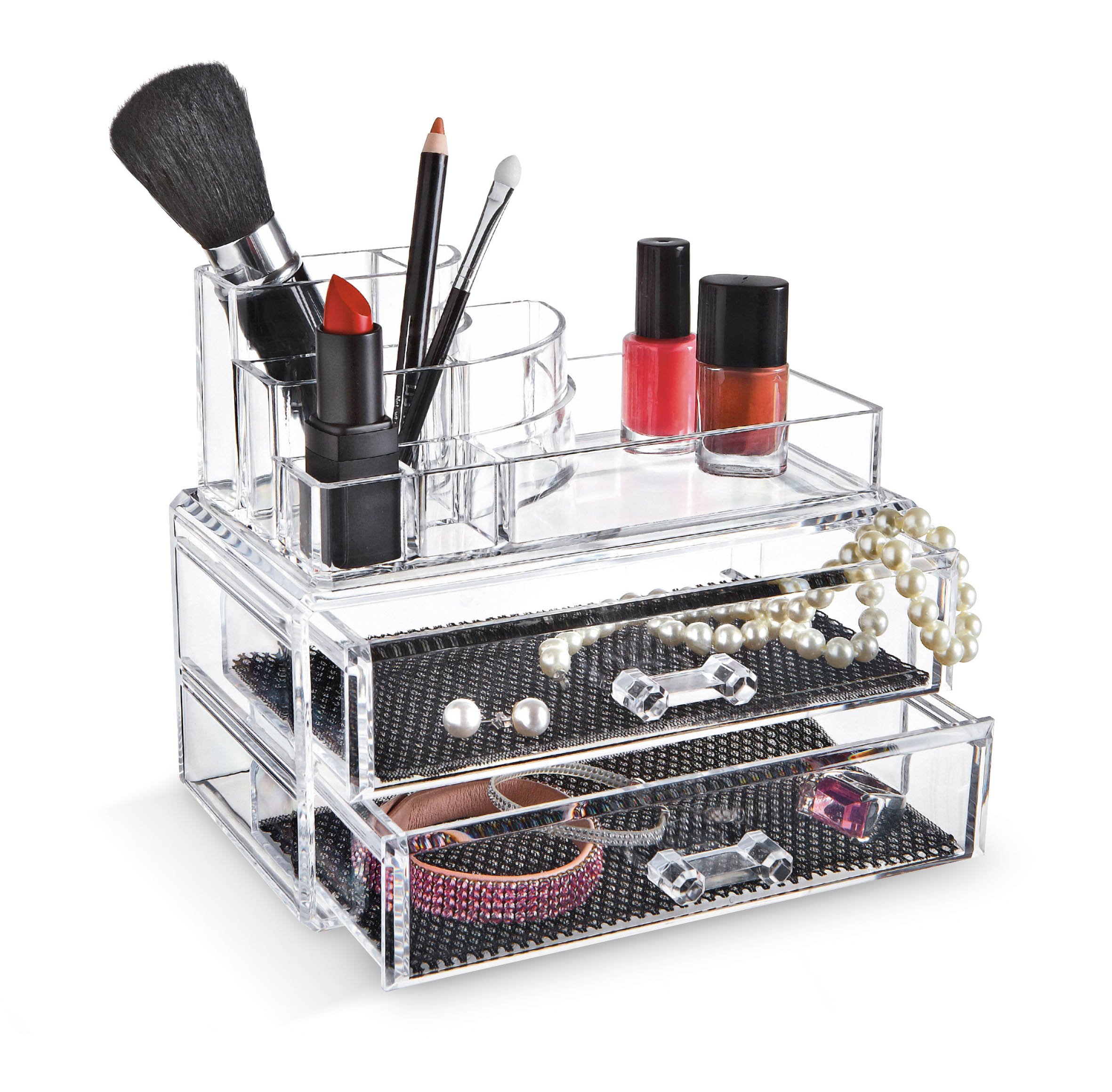 Domopak ® Acrylic Makeup Organiser Cosmetic Jewellery Display Box Set - 3 Compartments & Drawers