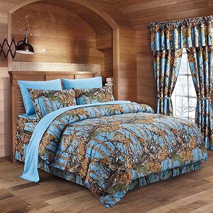 Regal Comfort The Woods Powder Blue Camouflage Queen 8pc Premium Luxury Comforter Sheet Pillowcases And Bed Skirt Set Camo Bedding Set For Hunters