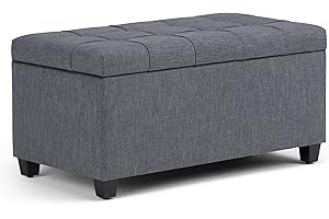 SIMPLIHOME Sienna 34 inch Wide Rectangle Lift Top Storage Ottoman Bench in Slate Grey Tufted Linen Look Fabric, Footrest Stool, Coffee Table for the Living Room, Bedroom and Kids Room, Traditional