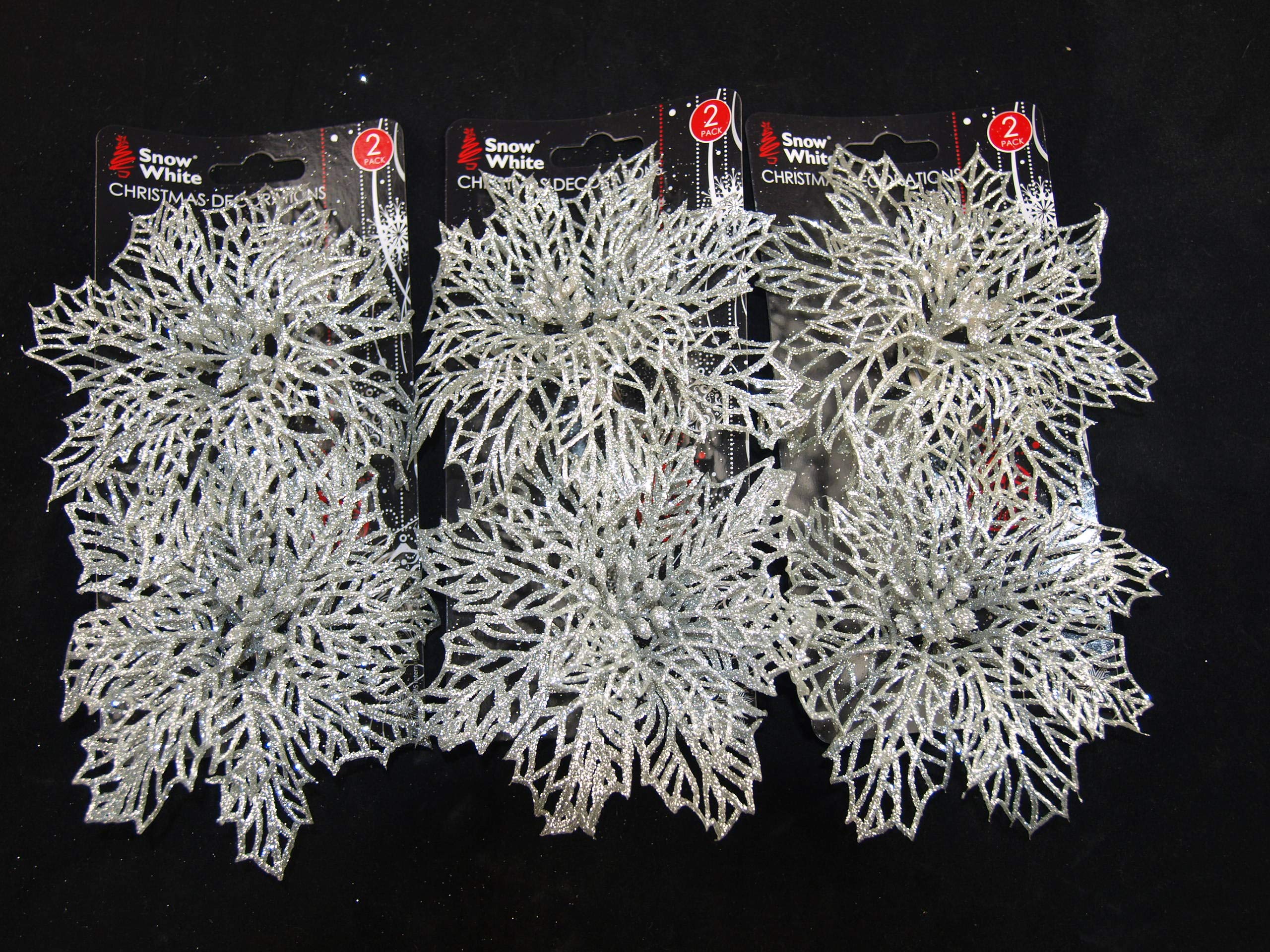 BWG Set Of 6 Large Glitter Poinsettia Clip On Christmas Craft/Tree Decorations - SILVER