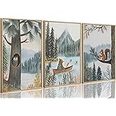 3Pcs Woodland Animal Nursery Canvas Wall Art Cute Watercolor Forest Wild Animals Bear Owl Squirrel Painting Picture Wall Decor Poster Print Artwork for Boy Girl Kids Bedroom Home Decoration Unframed