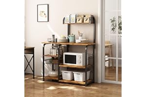 Mexin Kitchen Bakers Rack - Coffee Bar 4 Tiers with Wheels & Feet, Microwave Stand with 10 S-Shaped Hooks, Kitchen Shelf with Wire，Industrial Retro Style Perfect for Home Decor, Cherry Wood