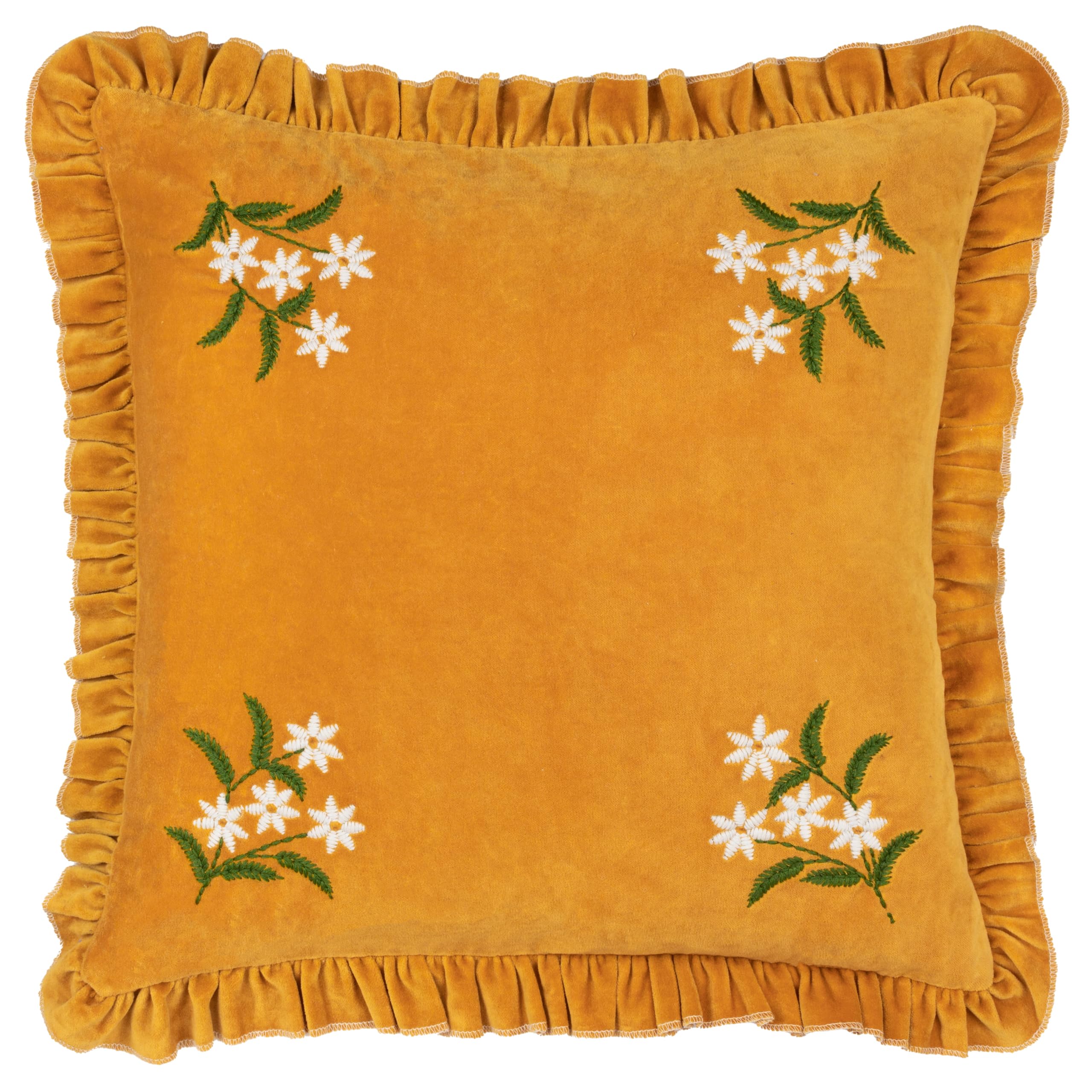 furn. Daisy Frill Embroidered Cotton Velvet Cushion Cover, Gold