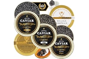 BESTER CAVIAR Expert Sampler Set (5 x 1.06 oz) – Caspian, Royal & Classic Osetra, Siberian, and Beluga Hybrid Samplers – Caviar Serving Set with 2 Blinis, Crème Fraîche & 5 Spoons