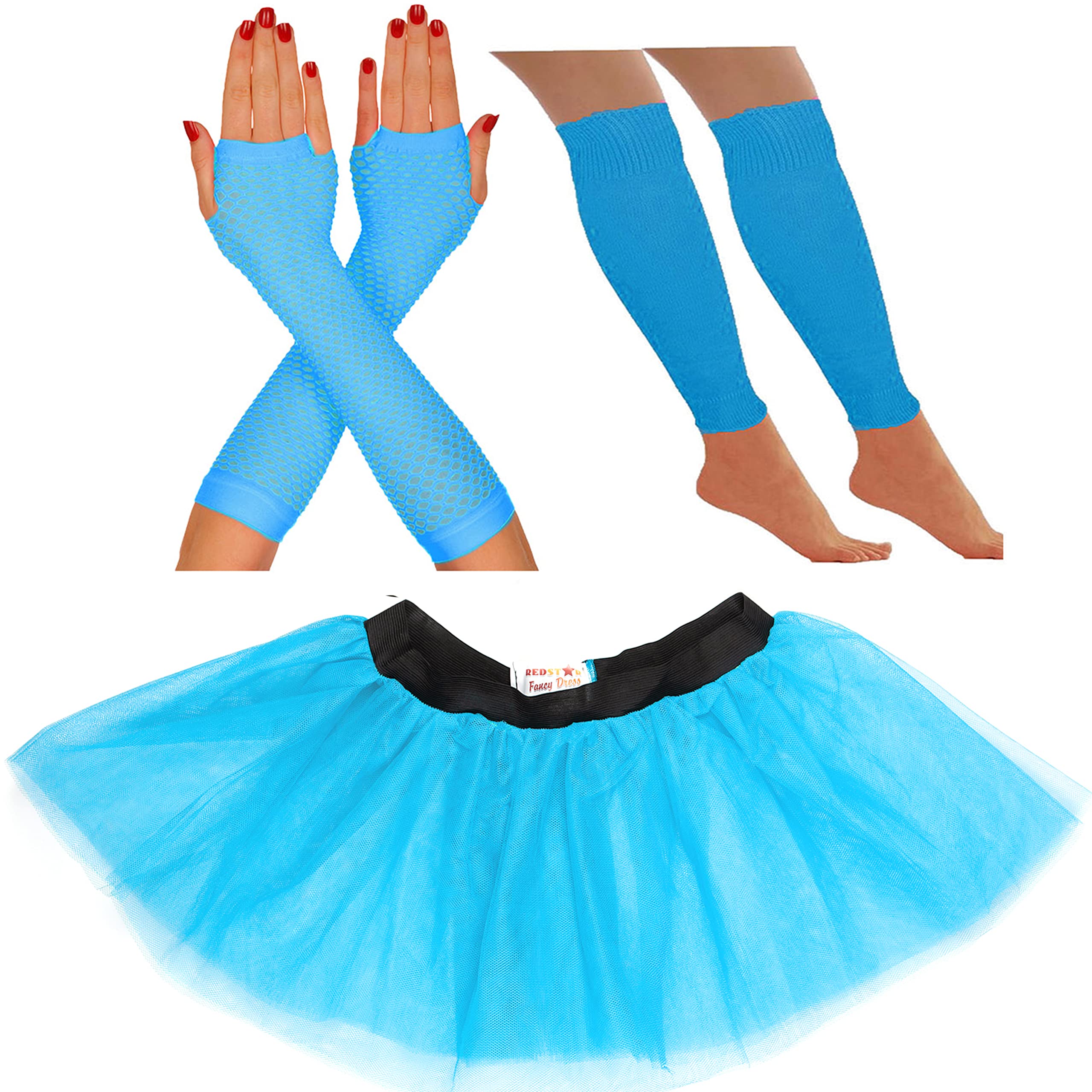 80s Fancy Dress for Women - Neon Tutu Skirt, Party Accessories, 1980s Costume, Leg Warmers, Fishnet Gloves, Rave Retro Outfit (14-22 UK, Turquoise)