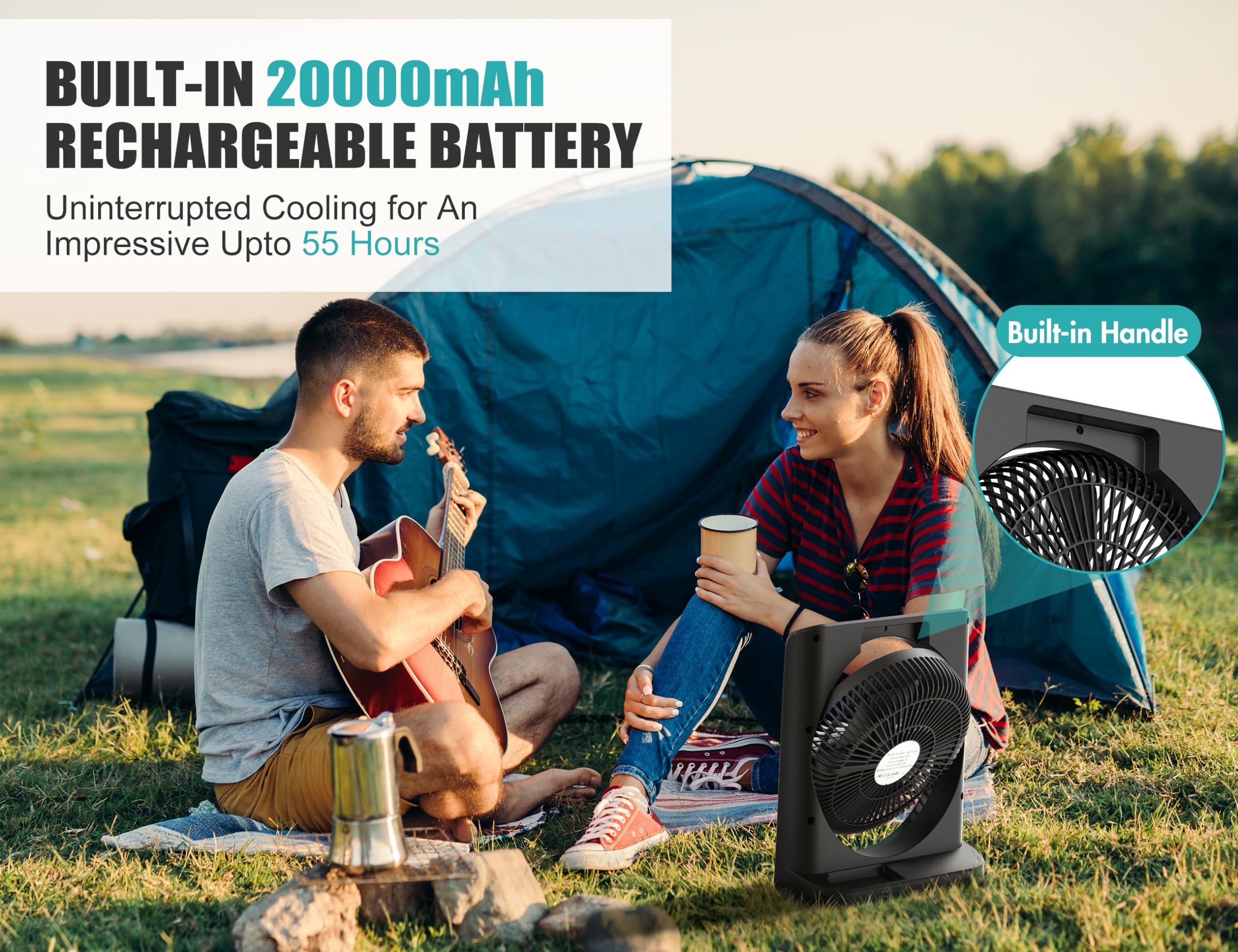 20000mAh Rechargeable Fan for Camping - 55h Super Long Last Battery Operated Fan, 10