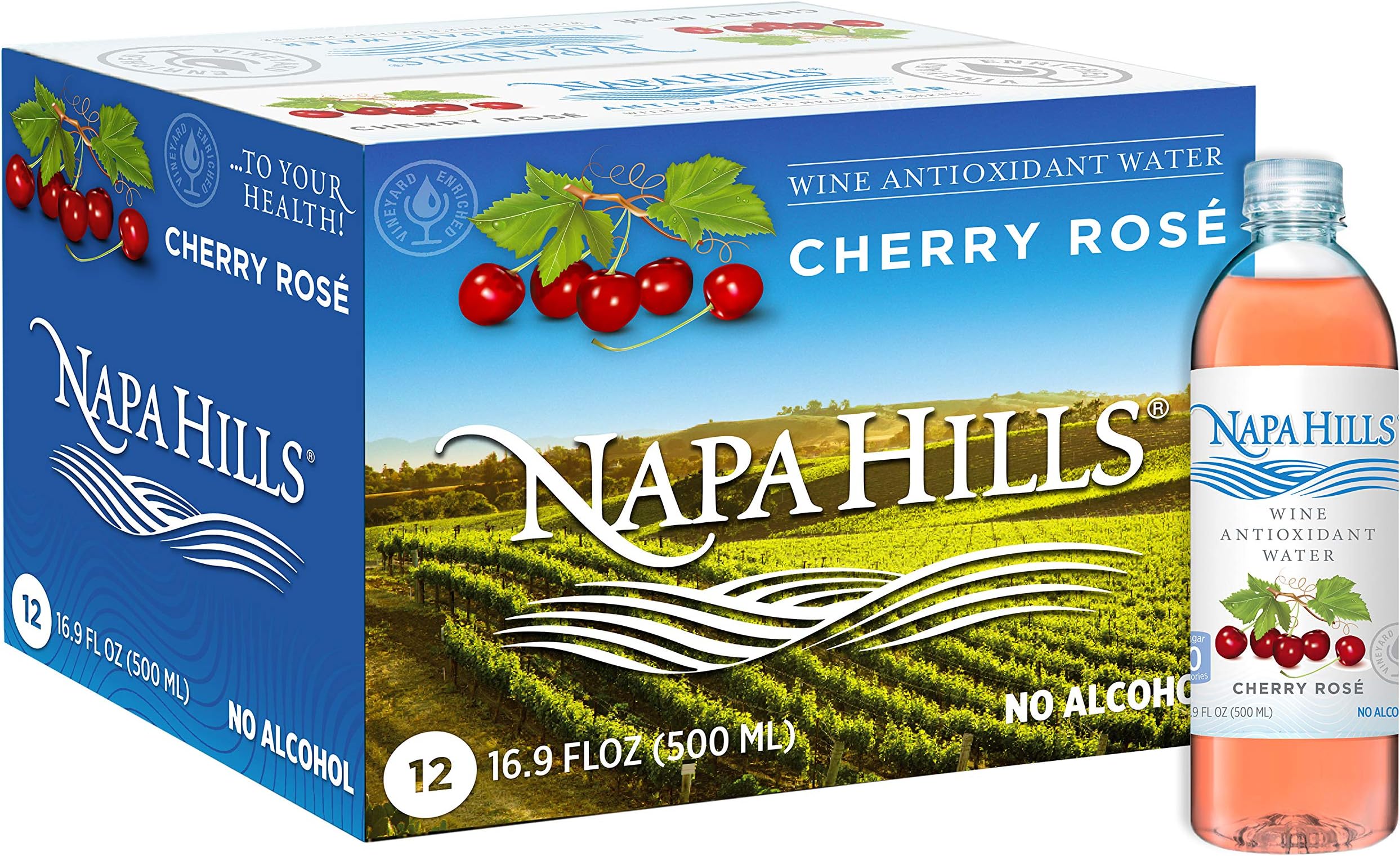 Napa Hills Wine Antioxidant Water - Flavored Wine Water, Non-Alcoholic Resveratrol Enriched Drink - No Wine Taste, No Carbs, No Calories, Sugar Free (Cherry Rosé, 16.9 Fl Oz (Pack of 12))