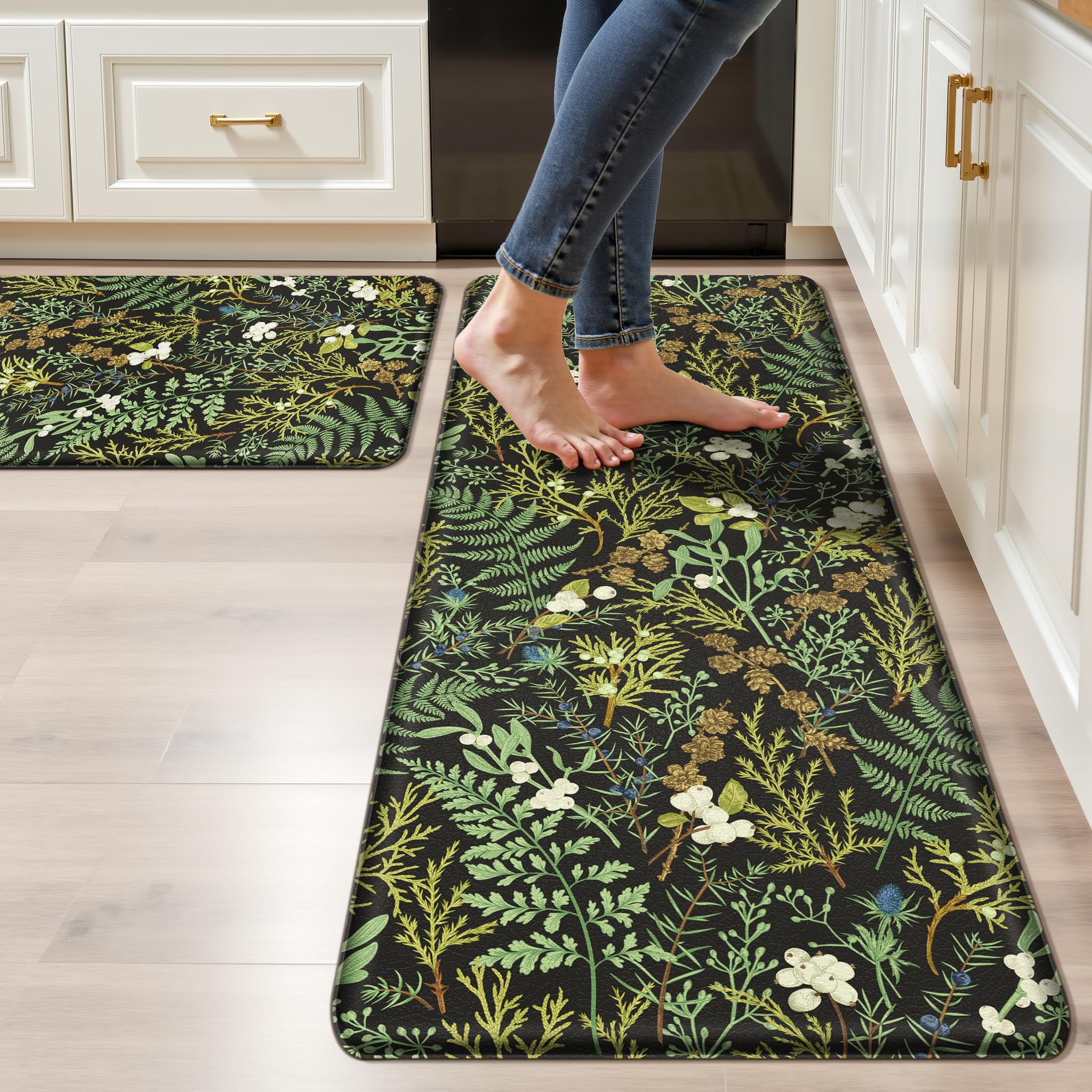 Photo 1 of Black Green Botanical Kitchen Rugs Set of 2 Plant Leaf Anti-Fatigue Kitchen Mat Natural Comfort Standing Waterproof PVC Mats 2/5" Thick Leather Carpet for Laundry Office Sink(17.3" x28" + 17.3" x 47")