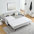 Rophefx Twin Daybed with Pop Up Trundle, Twin to King Size Day Bed with USB & Type C Port, Upholstered Sofa Bed Frame with Button Tufting Linen Trim, Wood Slats, No Box Spring Needed, Linen, Beige
