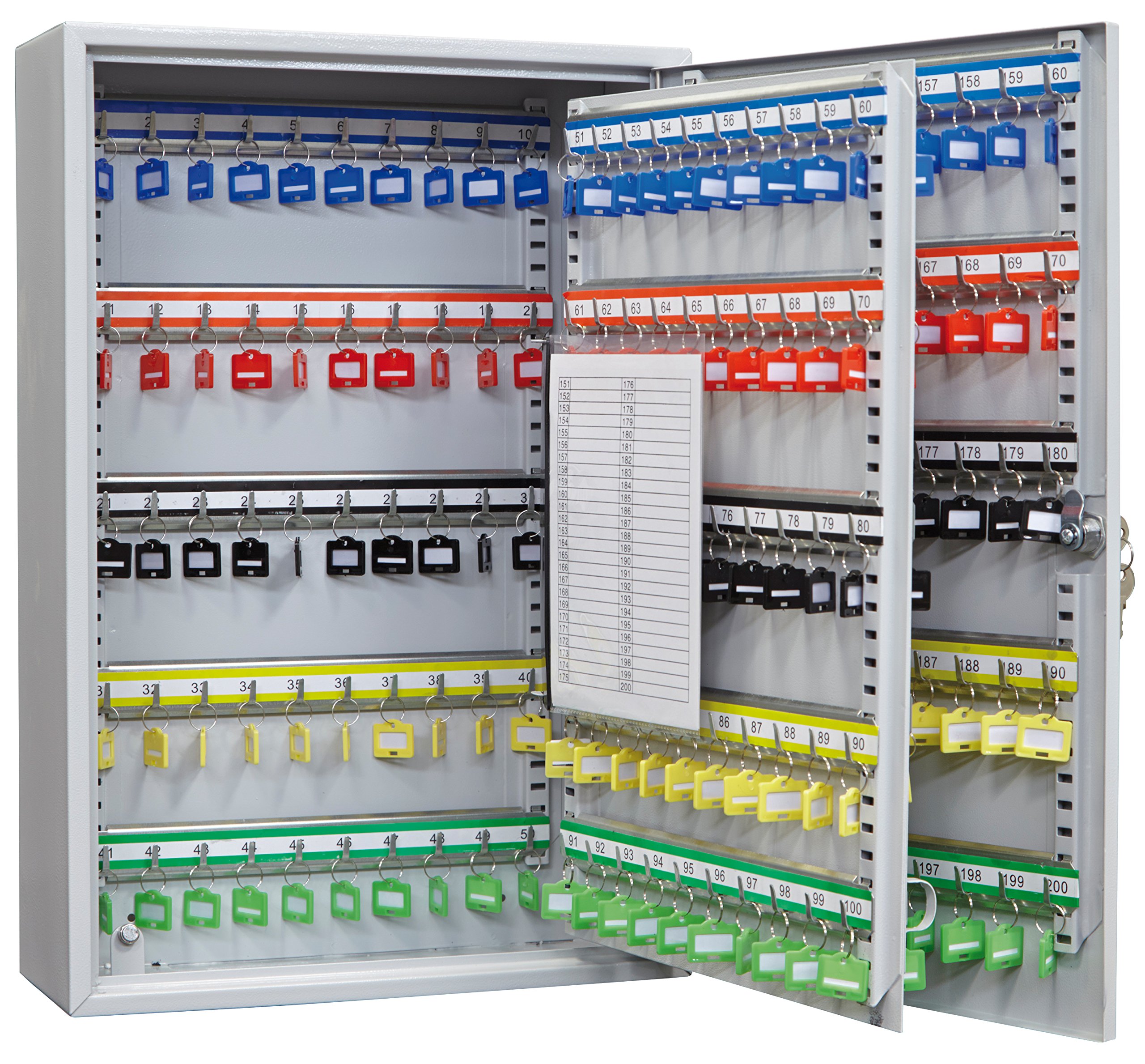 ARREGUI PL200 Key Cabinet Steel Key Cabinet with 200 Hooks, Adjustable and Numbered Hook Rails and Key List, Includes 200 Labelable Key Chains, 55 x 38 x 14 cm, Light Grey