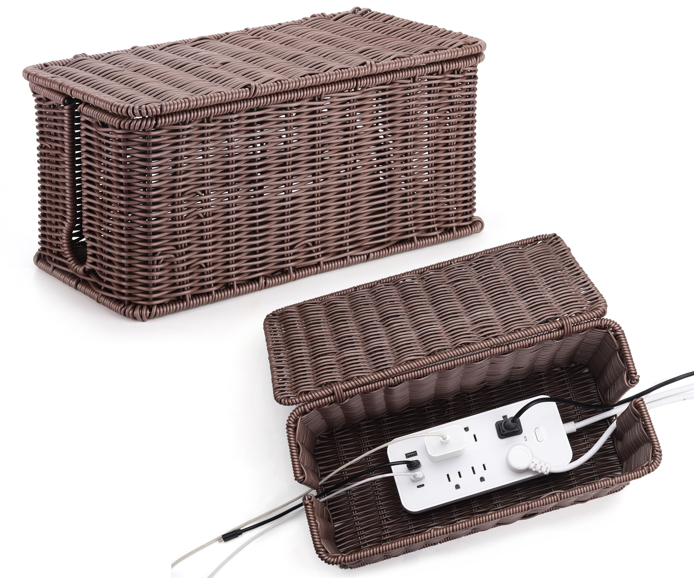 Photo 1 of Large Cable Management Box, Handwoven Imitation Rattan Cord Organizer Cord Hider Box, Desk Cord Management Box to Hide Cords and Power Strips, Dark Brown