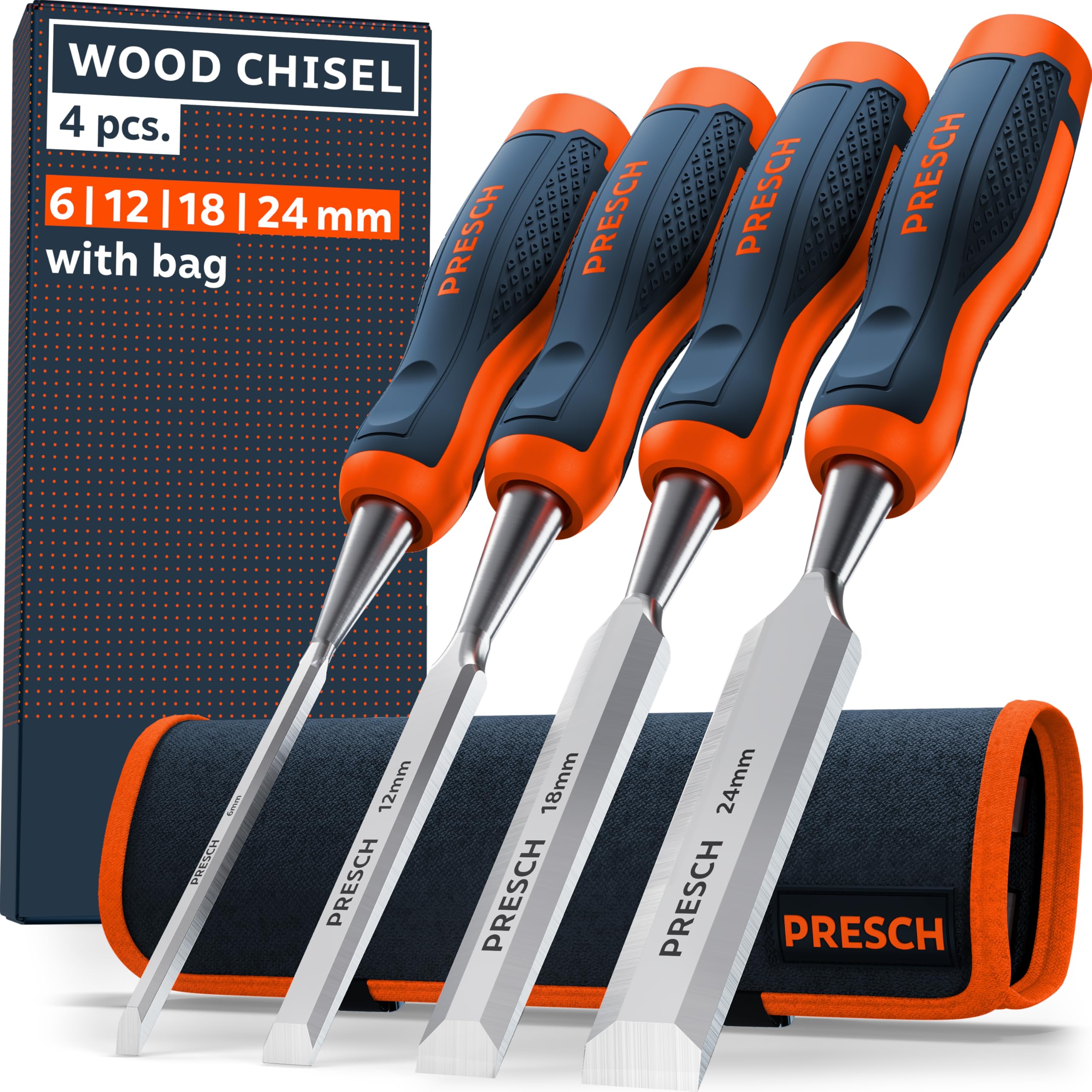 Presch Wood Chisel Set 4 pcs. incl. Bag (6, 12, 18 & 24mm) - Fully Polished for immediate use - for Professionals with a 25° Angle and Robust Metal Striking Cap