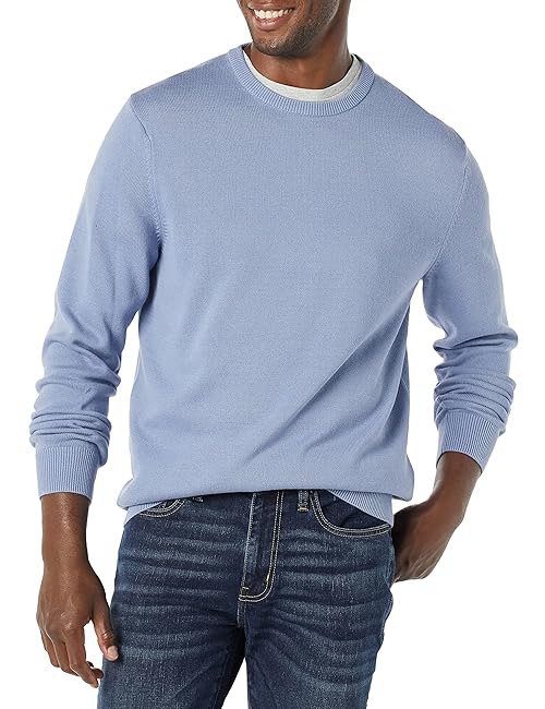 Amazon Essentials Men's Long-Sleeve Crewneck Sweater, 100% Cotton, Big & Tall Options Available, Light Blue, Large