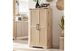ACCOHOHO 47" Kitchen Pantry with Rattan Doors, Storage Cabinet with Organizer and Adjustable Shelves, Wood Cupboard for Kitchen, Dining Room, Bathroom and Hallway, Natural Oak