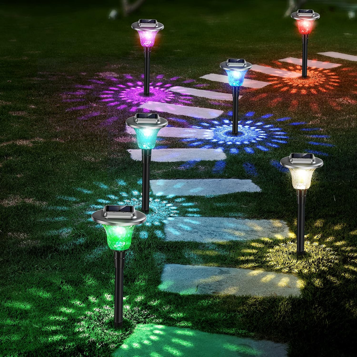 Jack & Rose Solar Lights Outdoor Pathway with Auto 7 Colors Changing, Solar Powered Garden Yard Lights, Stainless Steel Waterproof Landscape Path Lights for Patio, Lawn, Yard, Walkway (6 Pack)