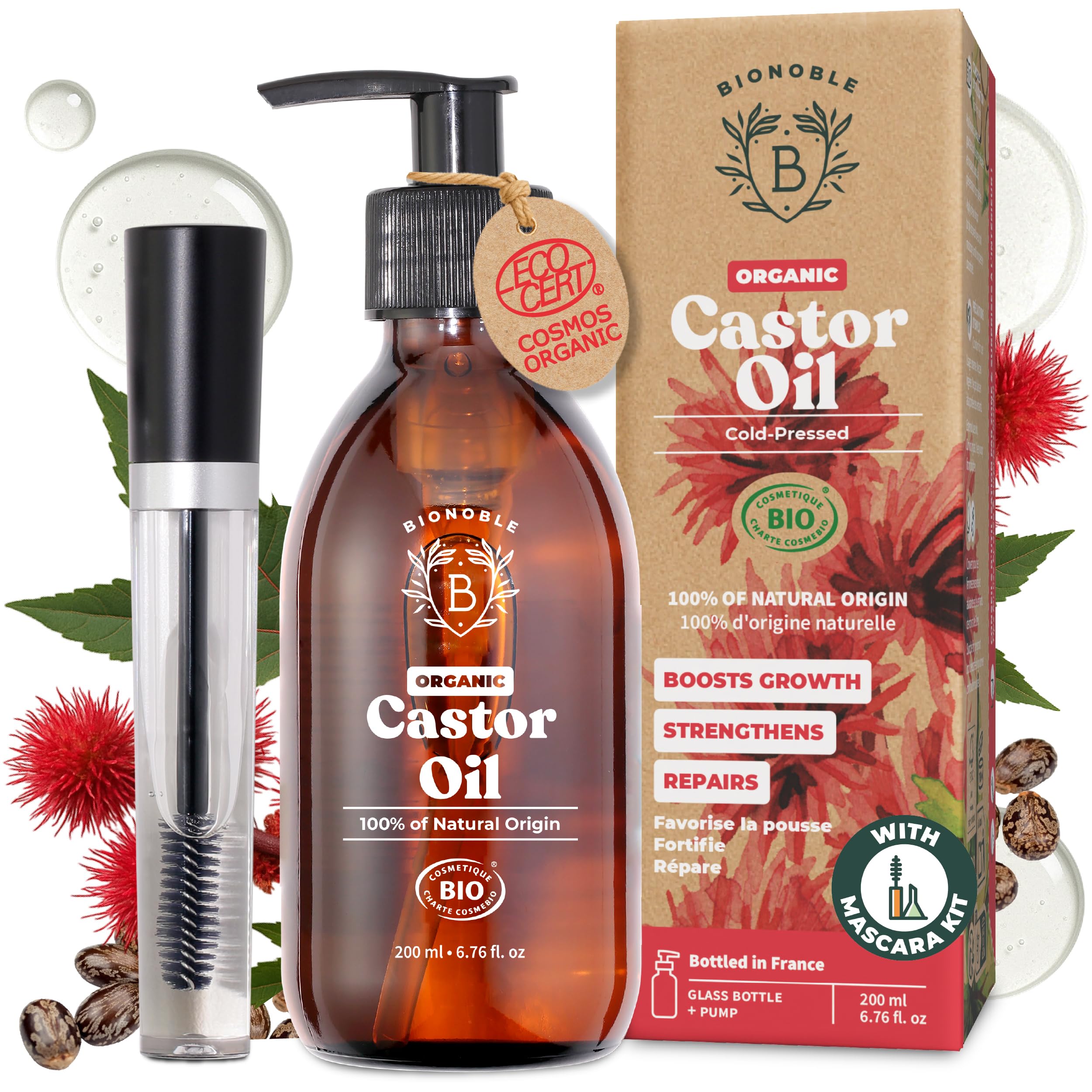 BIONOBLE Organic Castor Oil Cold Pressed + Mascara Kit - Hexane Free, 100% Natural - Pure Castor Oil Organic for Eyelashes, Hair Growth, Eyebrows, Skin, Face - Glass Bottle and Pump - 200ml โ image 1